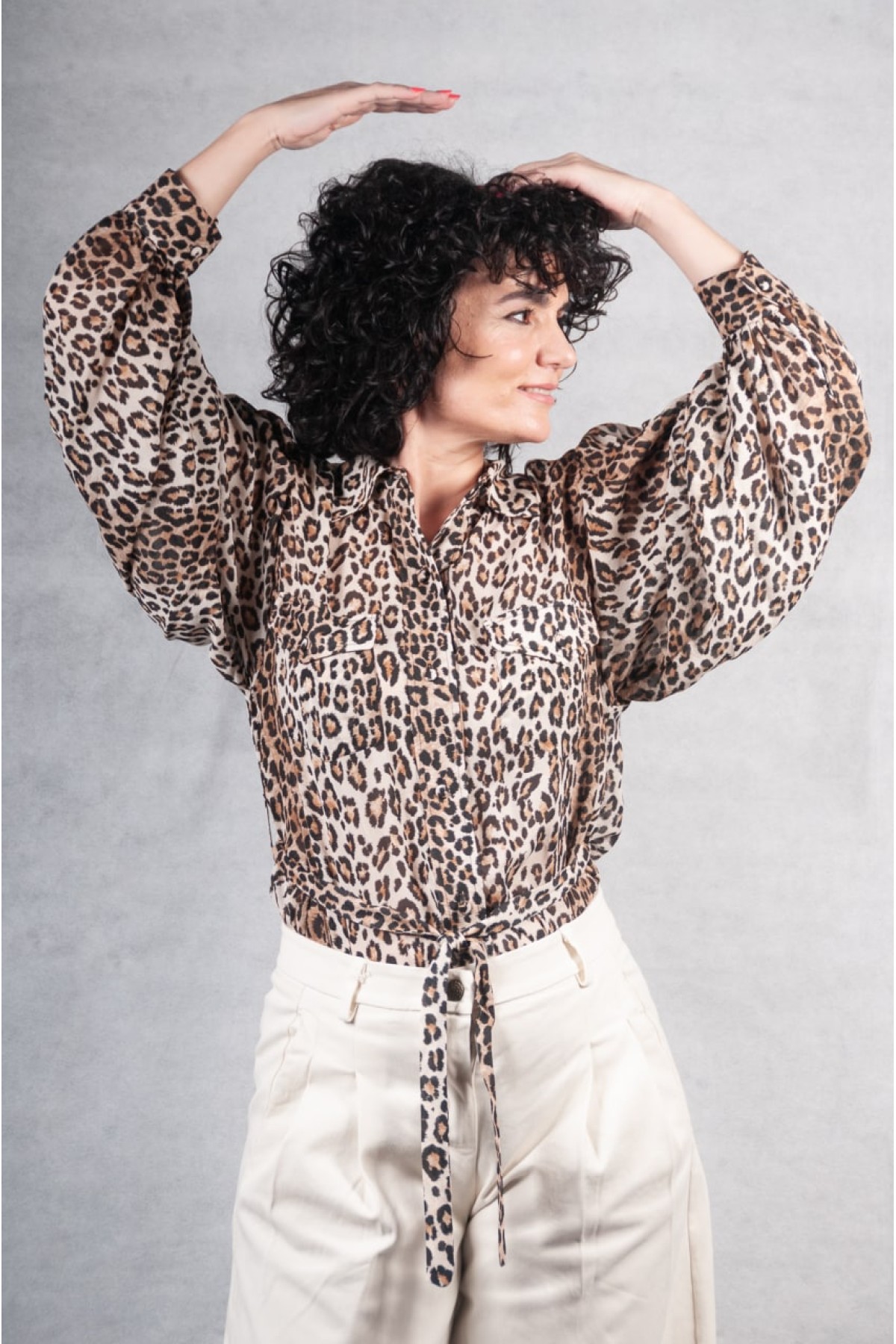 Πουκάμισο Sandro Ferrone λεοπάρ καφέ εκρού με φούσκα μανίκι 