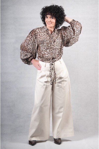 Πουκάμισο Sandro Ferrone λεοπάρ καφέ εκρού με φούσκα μανίκι 