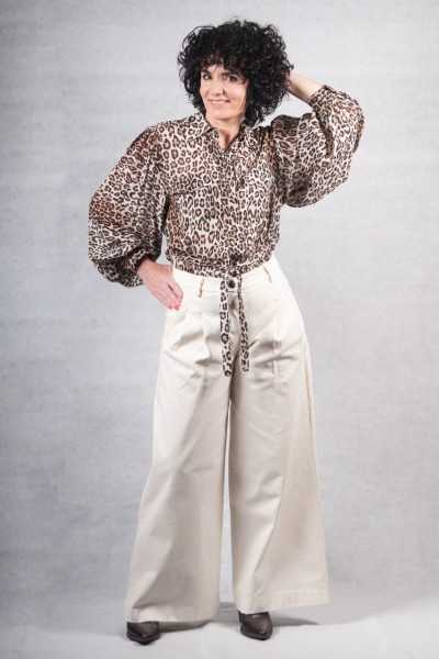 Πουκάμισο Sandro Ferrone λεοπάρ καφέ εκρού με φούσκα μανίκι 