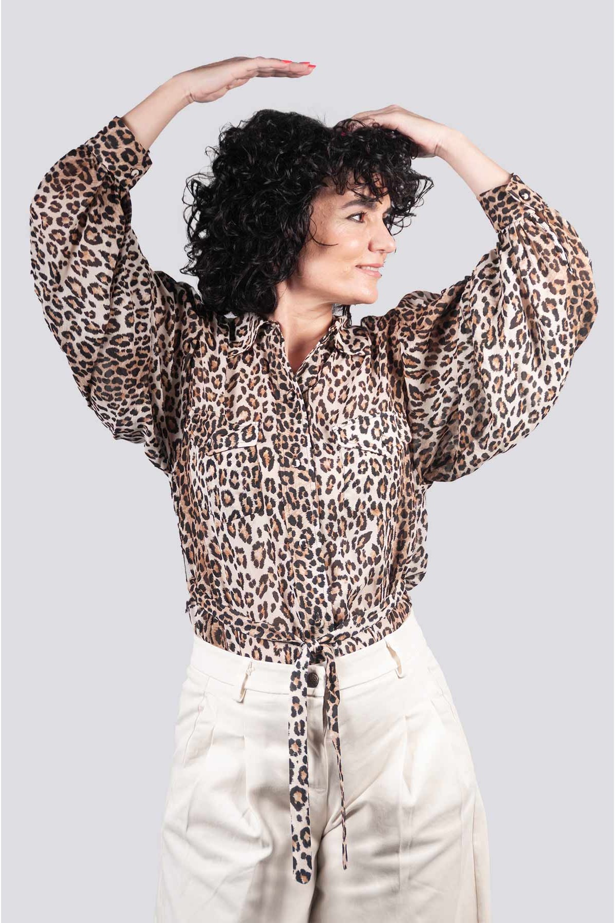 Πουκάμισο Sandro Ferrone λεοπάρ καφέ εκρού με φούσκα μανίκι 