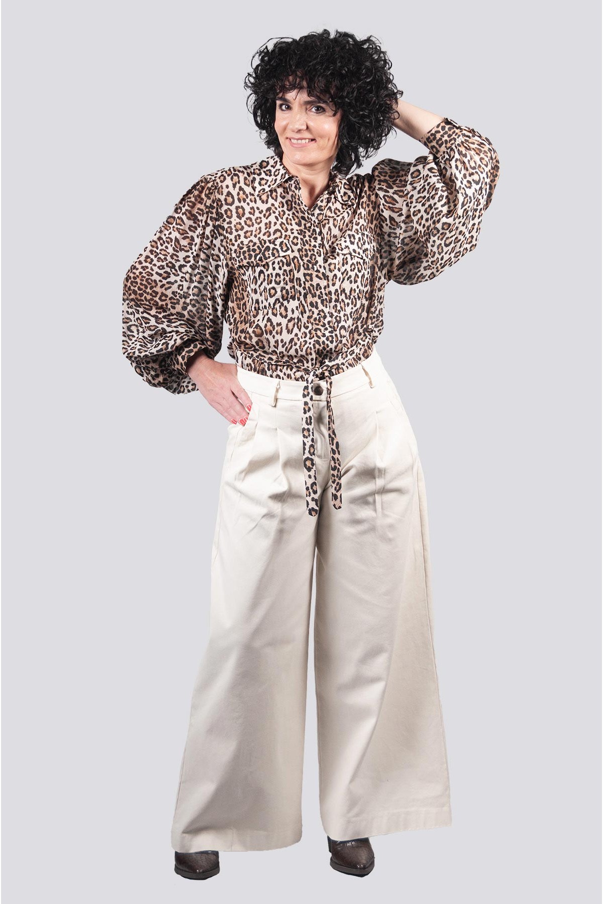 Πουκάμισο Sandro Ferrone λεοπάρ καφέ εκρού με φούσκα μανίκι 